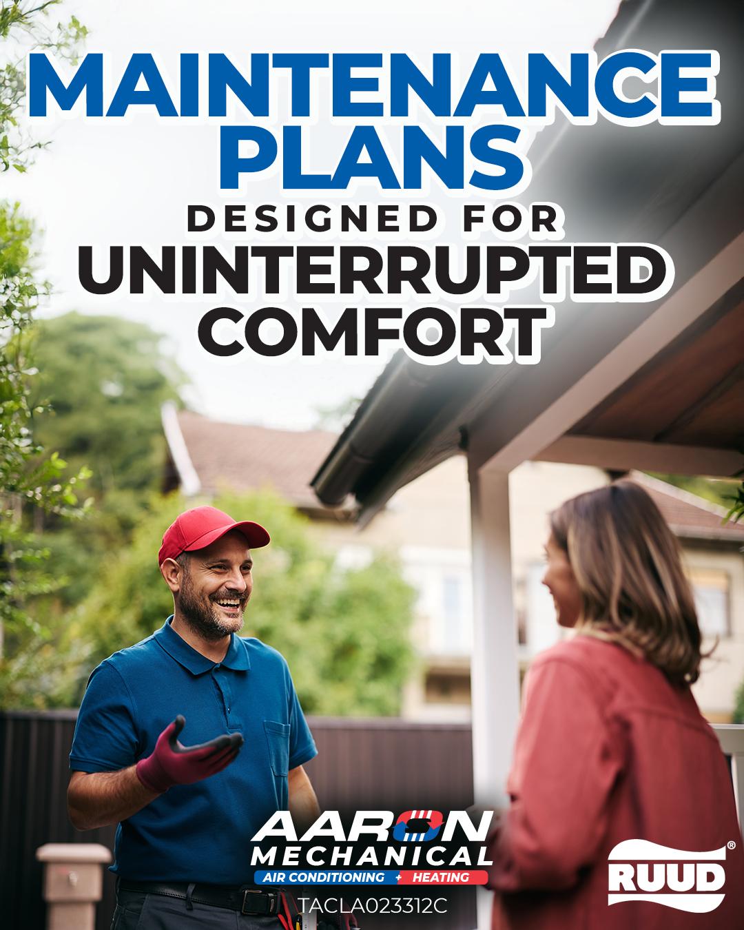 Banner about Maintenance plans, there's a technician speaking to a homeowner on their backyard